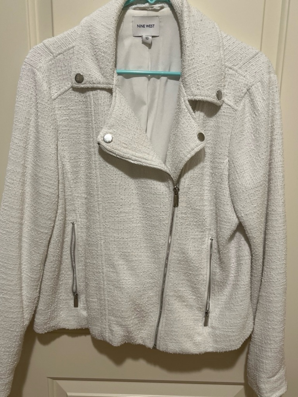 Nine West White Textured Moto-Style Blazer